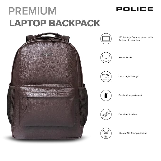 Police Leather Laptop Backpack – 15” Splash‑Proof College & Office Bag
